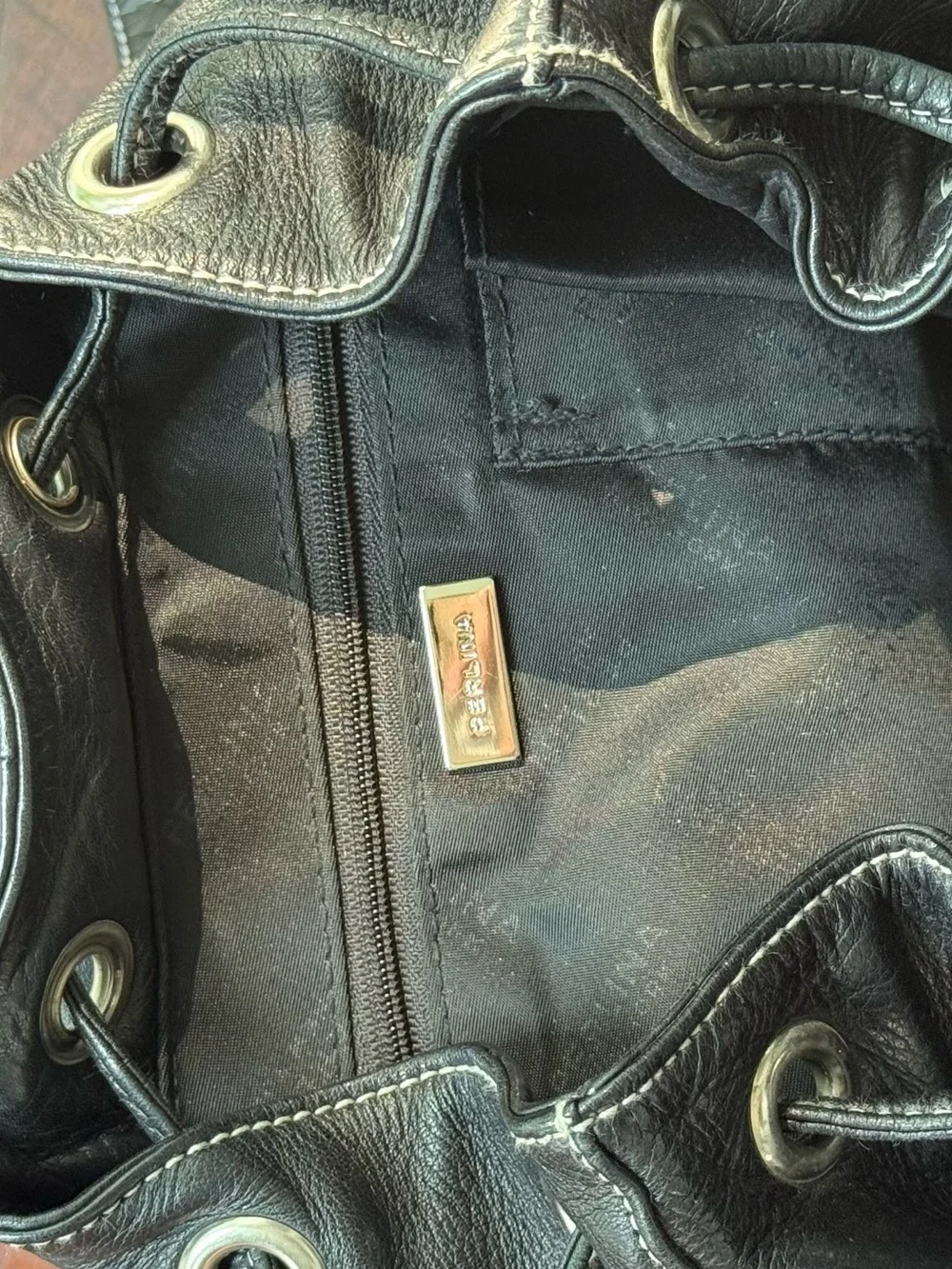 Vintage Perlina New York Black Leather Backpack Purse Drawstring 90s Y2K